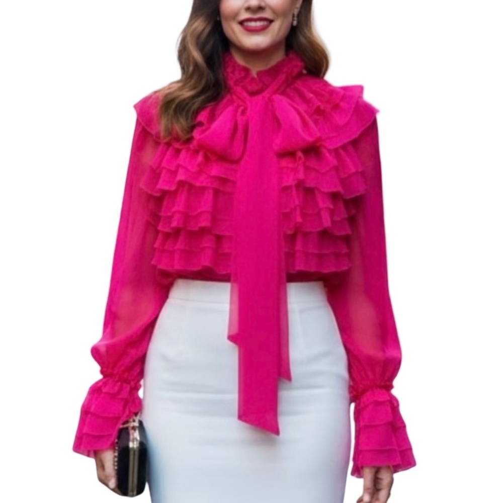#A125   FOR HER NYC  Barbiecore Hot Pink Ruffle Organza Romantic Blouse NWT M - Picture 2 of 12